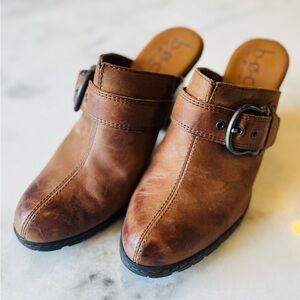 b.o.c. Brown Leather Clogs with Buckle Detail